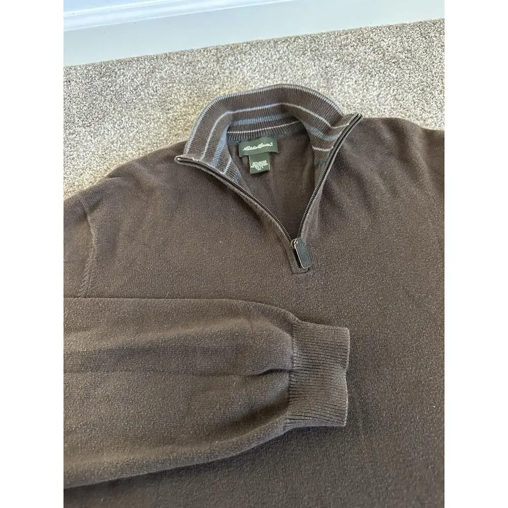 Mens Eddie Bauer Quarter Zip Cotton & Cashmere Sweater Brown Pullover XL TALL - Picture 3 of 11